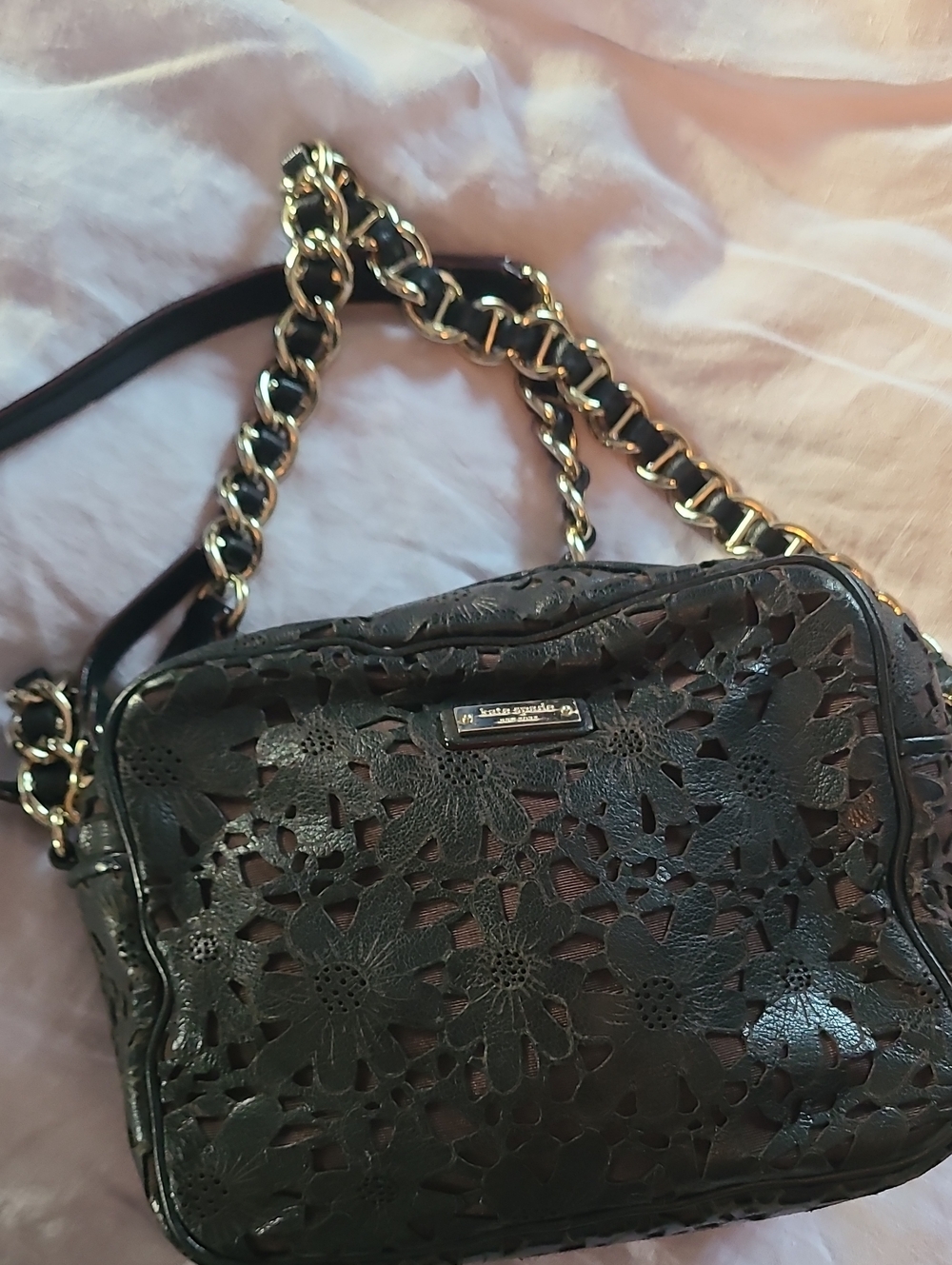 Kate Spade Black Floral Cutout Chain-Strap Crossbody Bag Leather